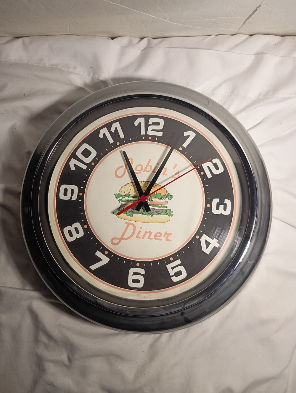 Retro 1950s Style Diner Wall Clock - Robin's Diner Burger Graphic (12")
